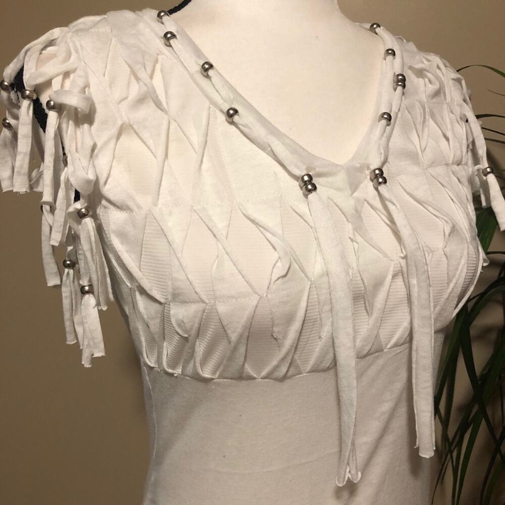Fringe and Beads Blouse Top Tee Shirt T-Shirt Mür Mür White V-Neck Size S - Picture 4 of 12